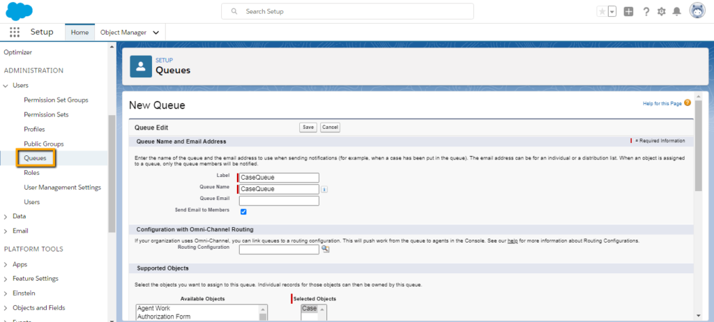 active assignment checkbox to move case to a queue